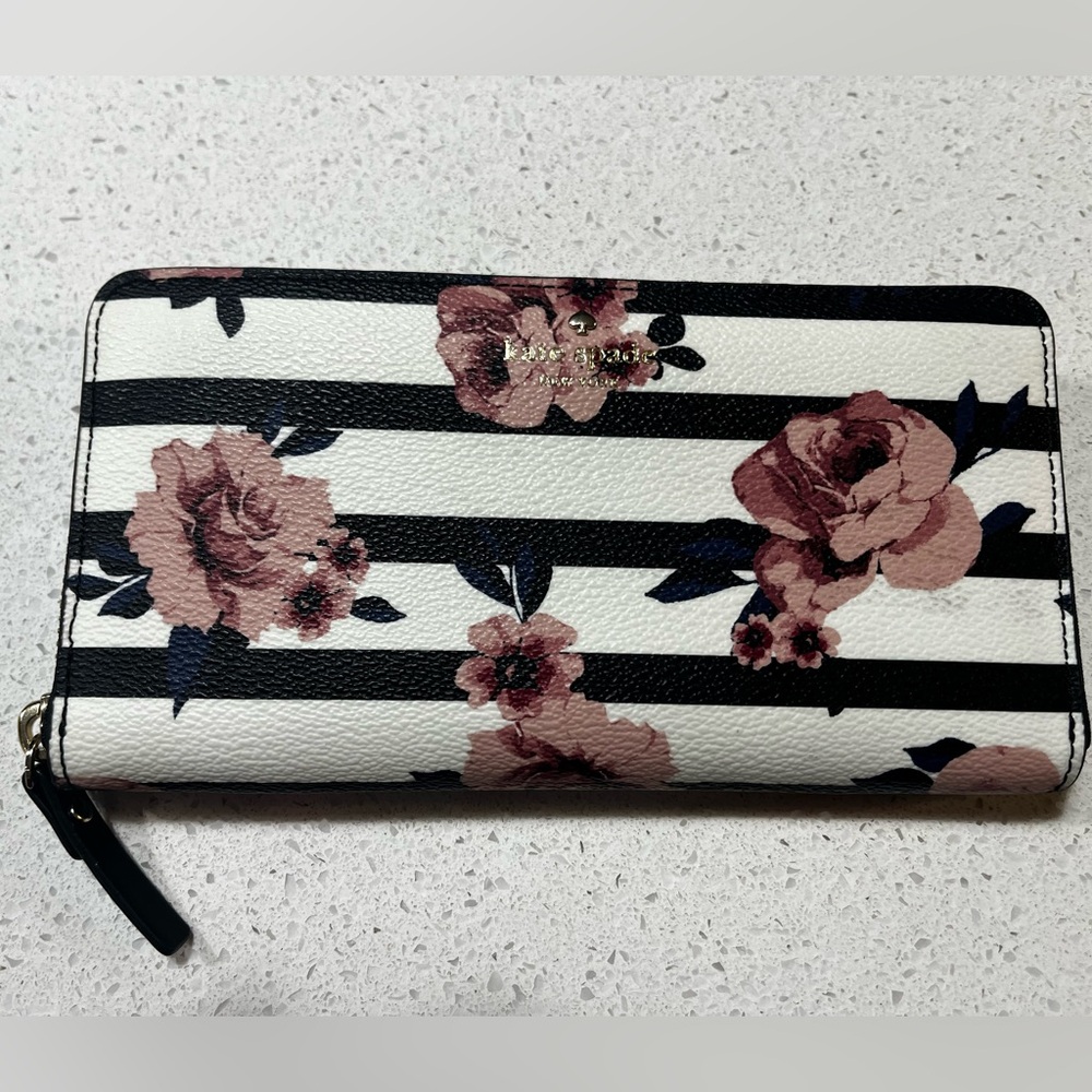 Kate Spade NY Stripe & Rose Zip Around Wallet | Excellent Condition